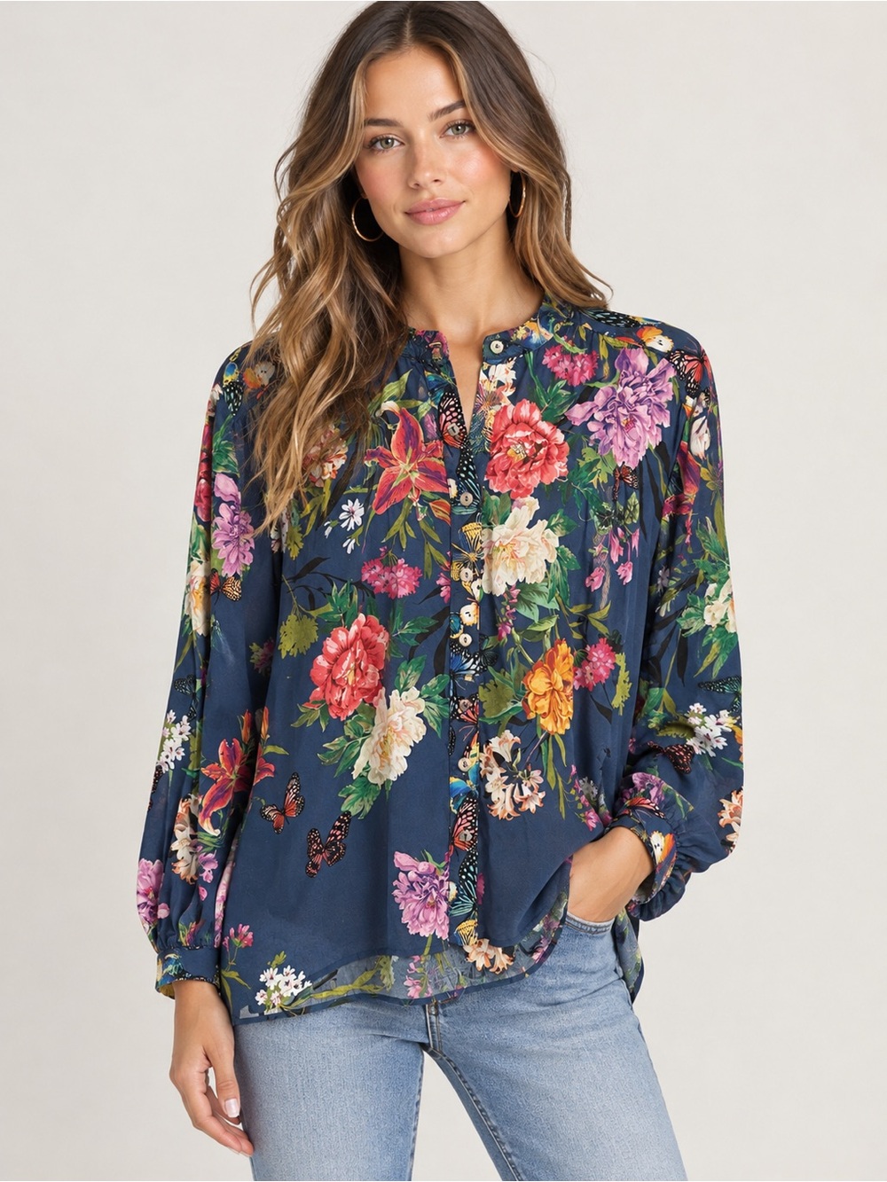 Johnny Was Boho Botanical Floral Butterfly Long Sleeve Blouse L